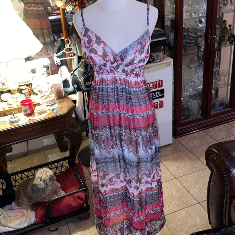 She's Cool Maxi Dress Womens Small Purple Pink Paisley Cotton Boho Smocked
